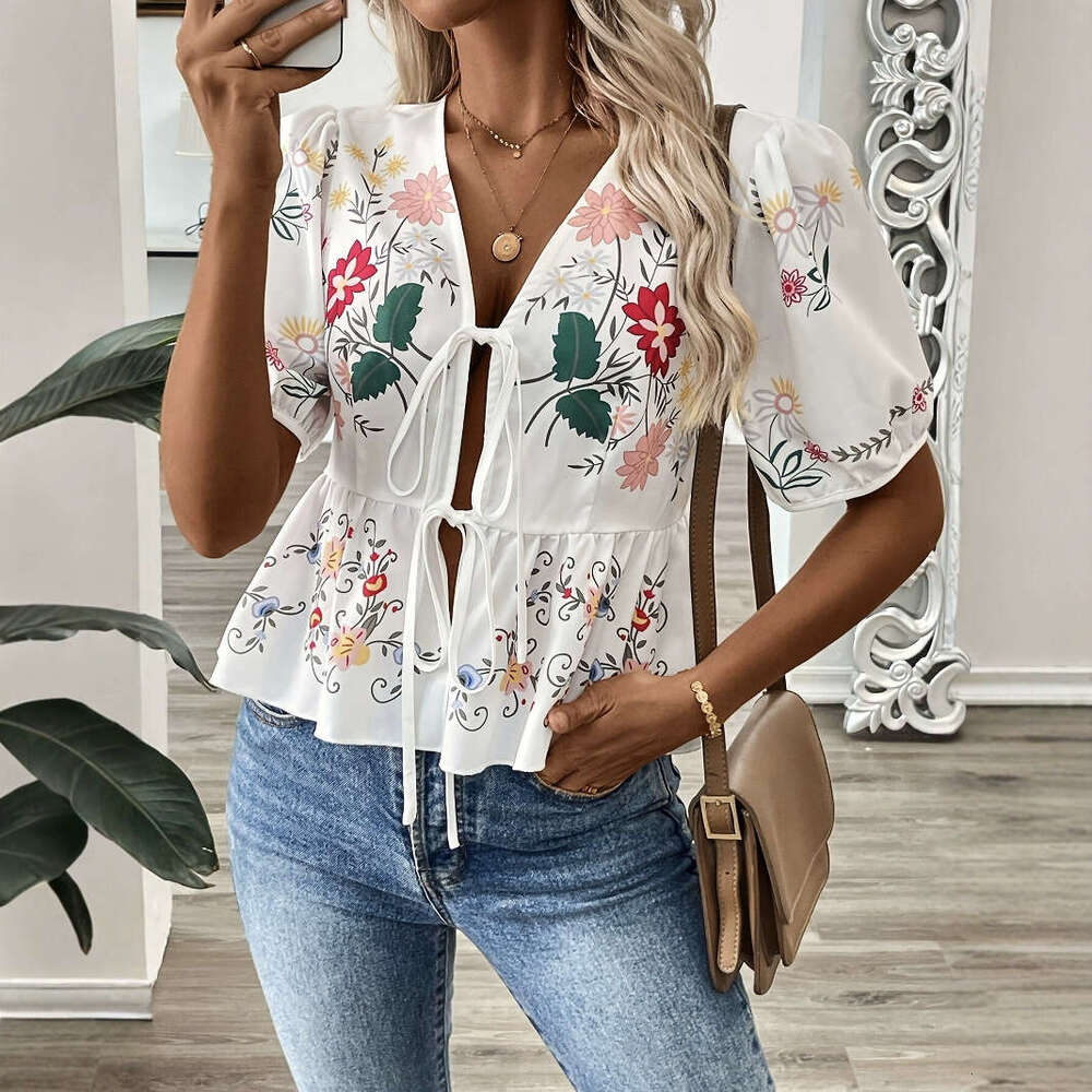 2025 New Fashion Women's Printed V-Neck Tie-Front Short Shirt, Summer Ruffle Blouse Asia Size
