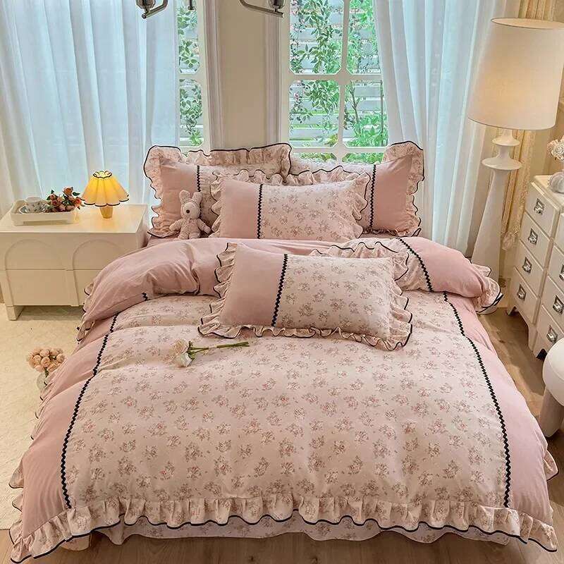 Small fresh pastoral style bedding four-piece spring lace quilt cover, bed sheet three-piece set, girls dormitory H260312