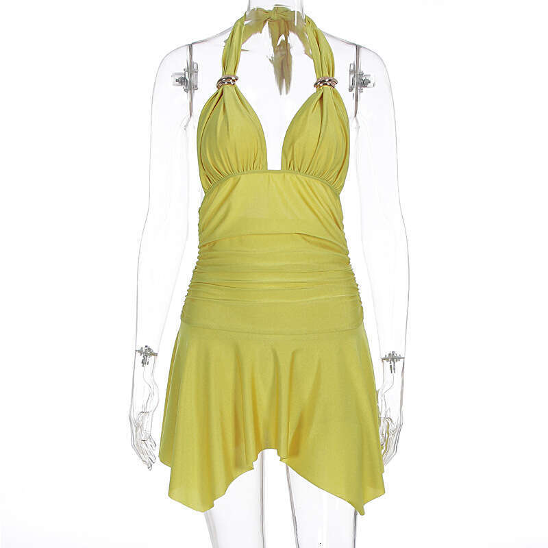 Bestseller 2025 Summer New Lace-Up Halter Neck Sexy Deep V Backless Waist-Cinching Fashionable Asymmetrical Dress