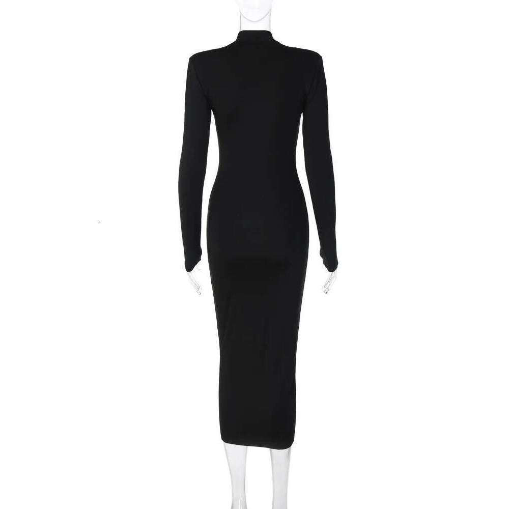 Hugcitar Women Fashion Turtleneck Long Sleeves Black Sexy Bodycon Maxi Prom Dress Fall Casual Clothes Streetwear Party Festival C260312