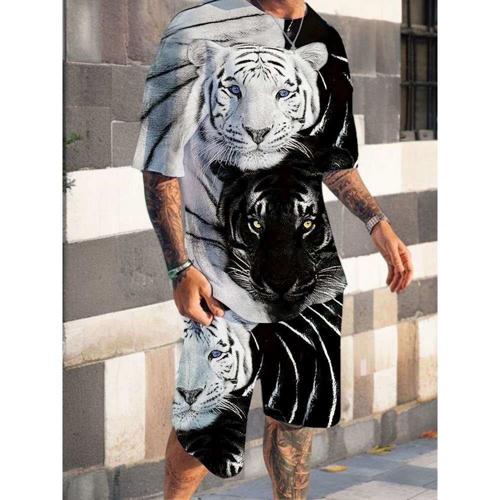 2026 Men's Printed Short-Sleeve T-Shirt and Shorts Set Casual Sports Suit Breathable Outdoor Summer 3D Print Adult