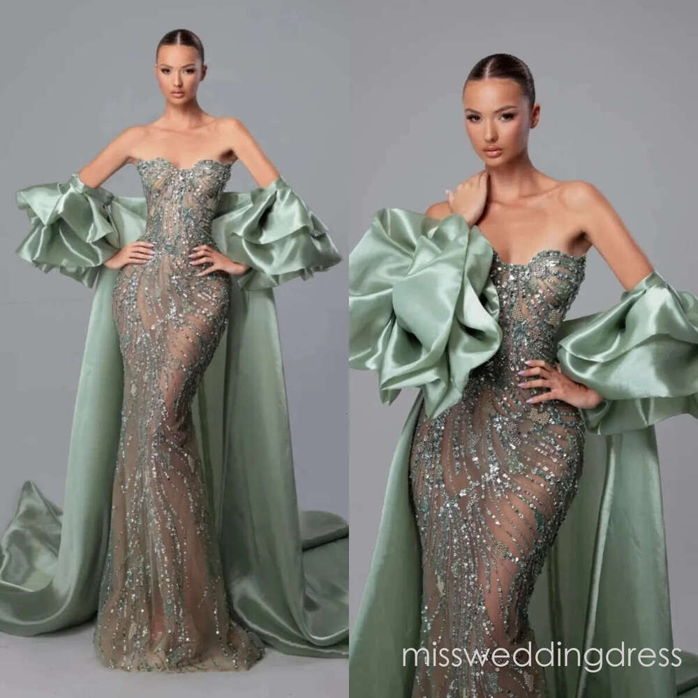 Stylish Mermaid Sequins Strapless Evening Dresses Illusion Prom Detachable Cape Party Dress Customized Vestidos de noche Plus Size