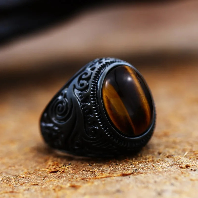 Vintage Handmade Turkish Black Zircon Rings Retro Men Stainless Steel Tiger Eye Stone Rings Classic Wedding Engagement Jewelry 260310