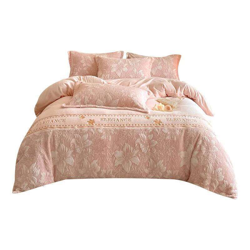 Light thickened milk four-piece set double-sided warm embroidery quilt cover bed sheet coral fleece bedding H260312