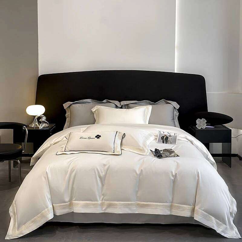 Egyptian Cotton Hollow Edge Bedding Set, White, Grey, Pink, Blue,1 Duvet Cover,2 Pillowcases,1 Flat Or Fitted Sheet H260312