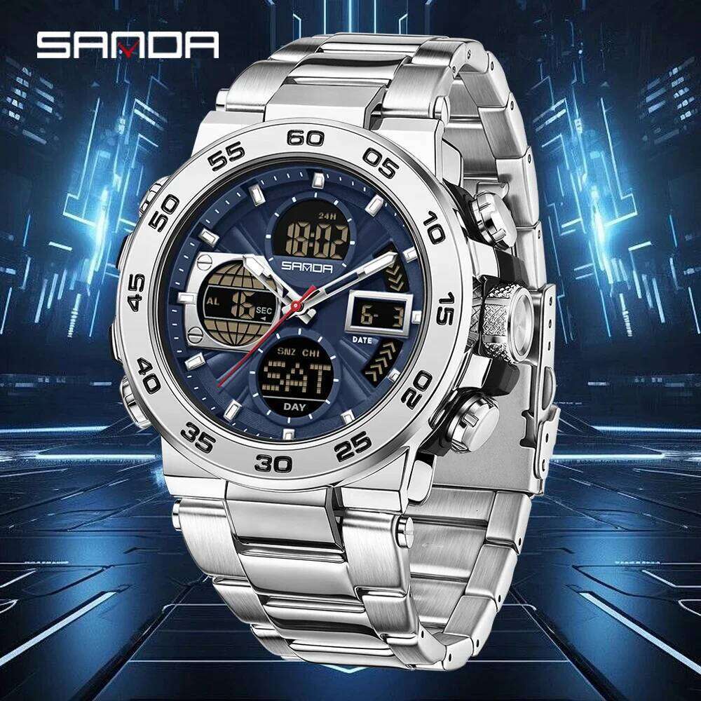 SANDA Luminous Dual Screen Multi functional Outdoor 3 Time Zones Sports Waterproof Men's Electronic Quartz Watch montre