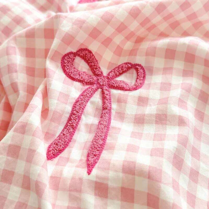 Classic Plaid Duvet Soft Lace Bedding Set, Bow Design Skin-friendly Quilt Cover, 2 Pillowcases with Different Patterns H260312