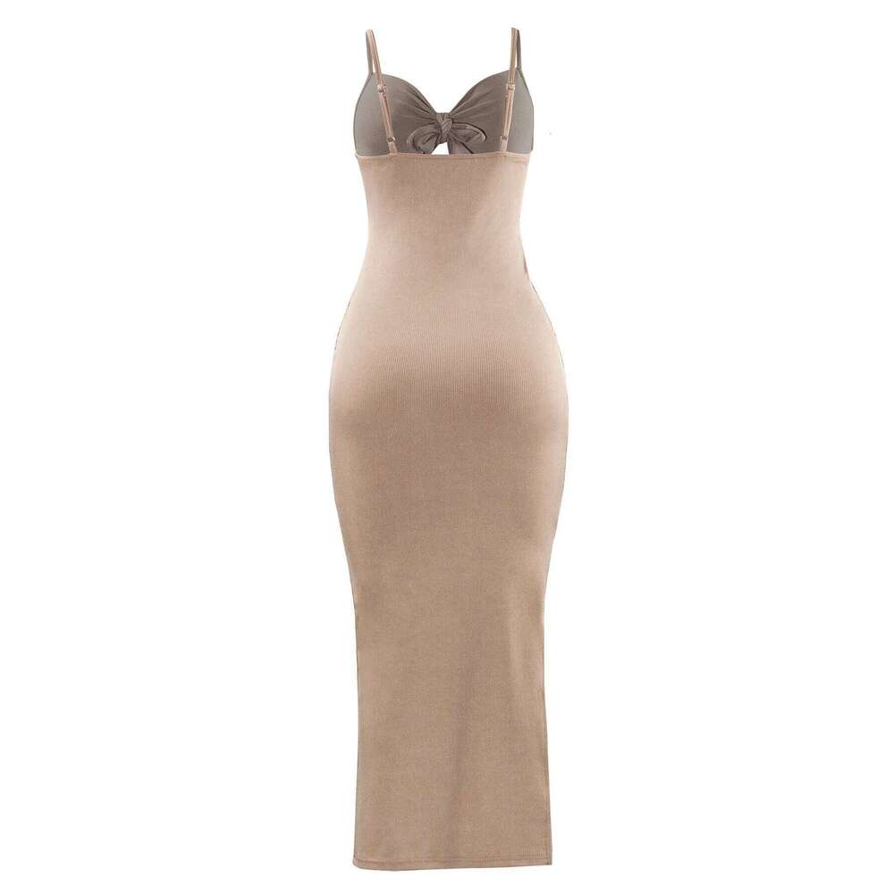 Europe America knit simple sleeveless suspender dress in spring summer, leaking back and sexy long skirt with neck. C260311