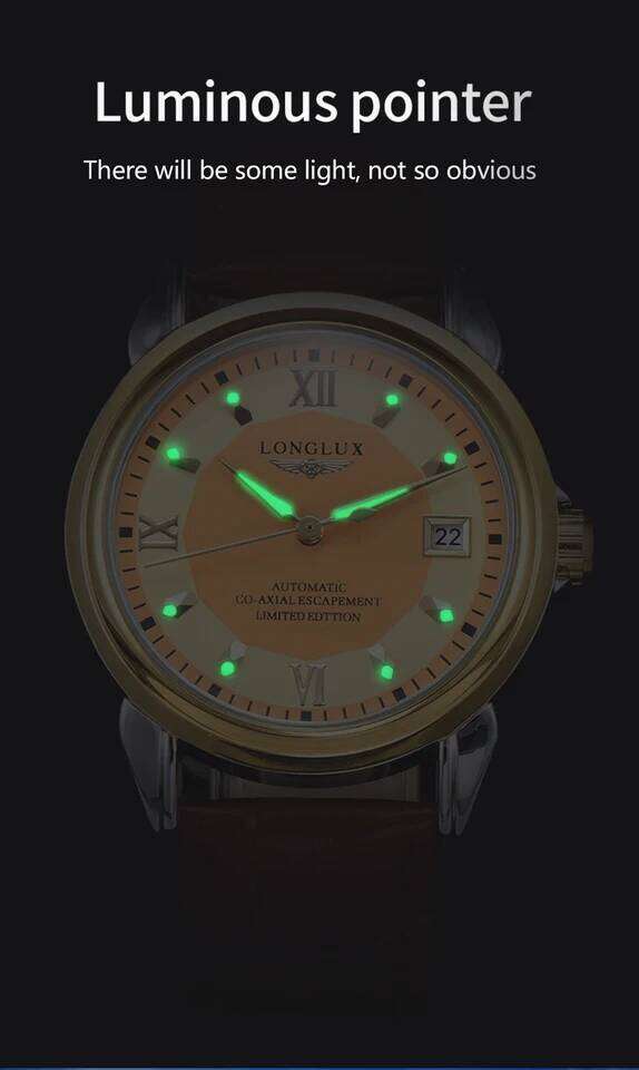 LONGLUX automatic man business leisure dating mechanical wristwatches day date waterproof leather mens watch men gift