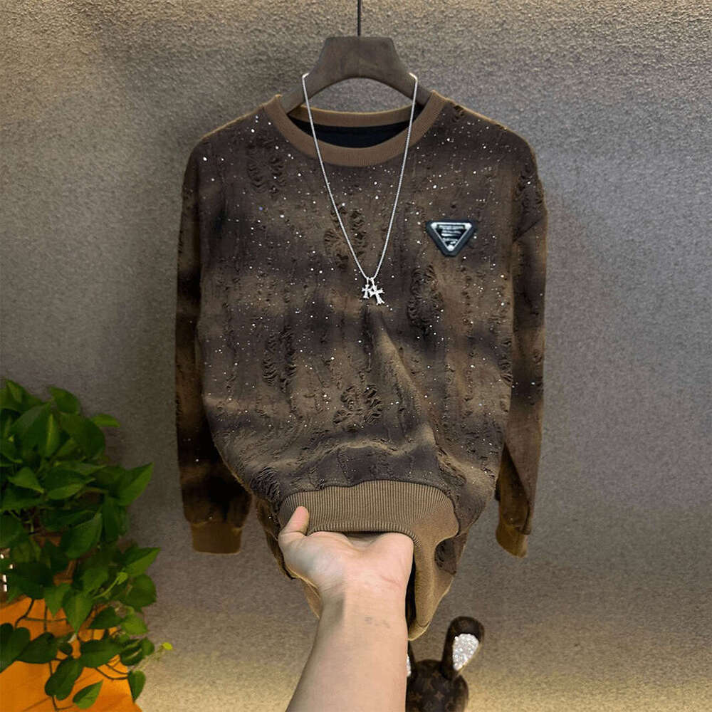 Men's Short 2026 Light Luxury New Trendy Round Neck Long Sleeve Fleece-Lined T-Shirt
