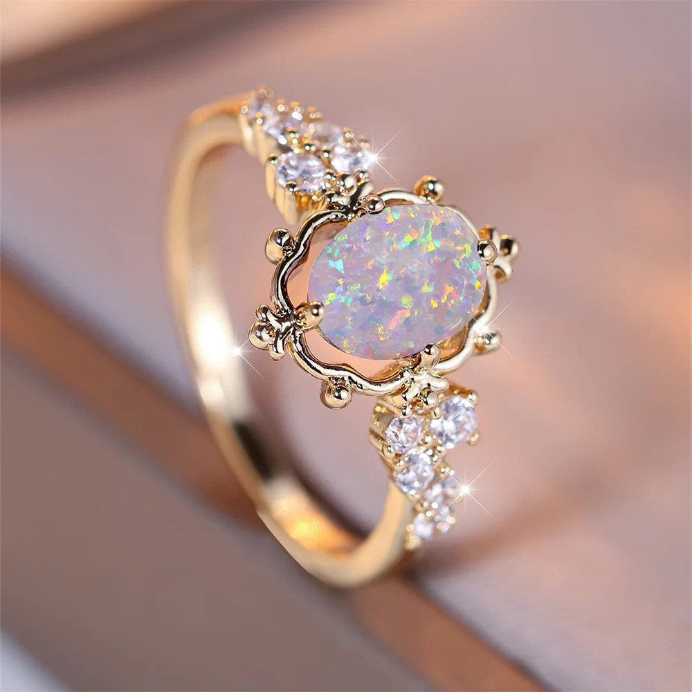 White Fire Opal Oval Stone Flower Rings For Women Vintage Gold Color Bridal Wedding Ring Birthstone Jewelry Engagement Band Gift 260310
