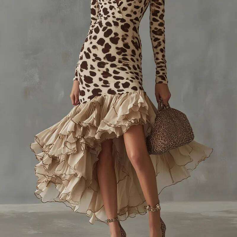V-Neck Print Stone Pattern Patchwork Mesh Women's Autumn Sleeve Layered Irregular Skirt Banquet Long Dress For Dating C260311