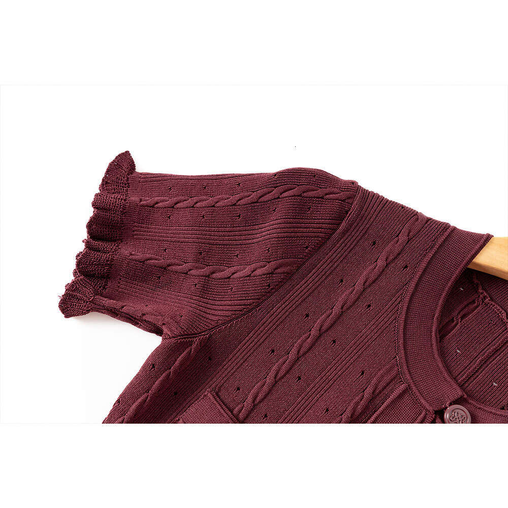a18 2026 Spring and Summer High Quality French Elegant Social Short Sleeve Hollow Ribbed Single breasted Knitted Dress