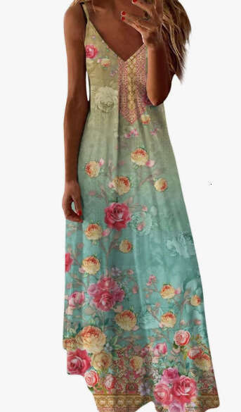Cross-border European and American 3D digital print ocean-themed floral feather high-end women's pullover V-neck strap dress