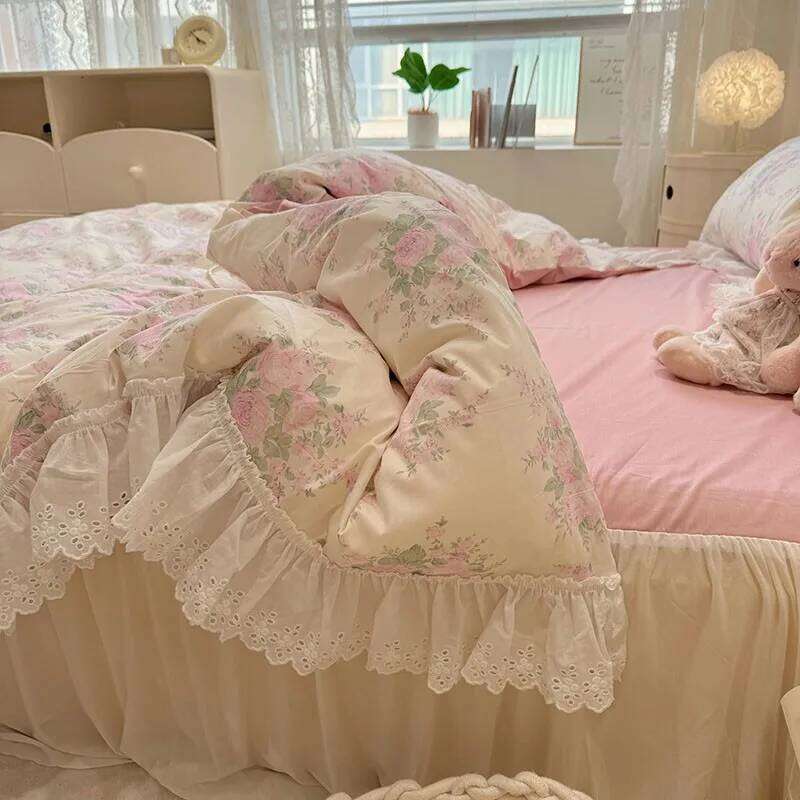 4Pcs Vintage Floral 100%Cotton Soft Bedding Set White Lace and Ruffle Comforter Cover Queen size1Duvet+1Bedskirt+2Pillow shams H260312