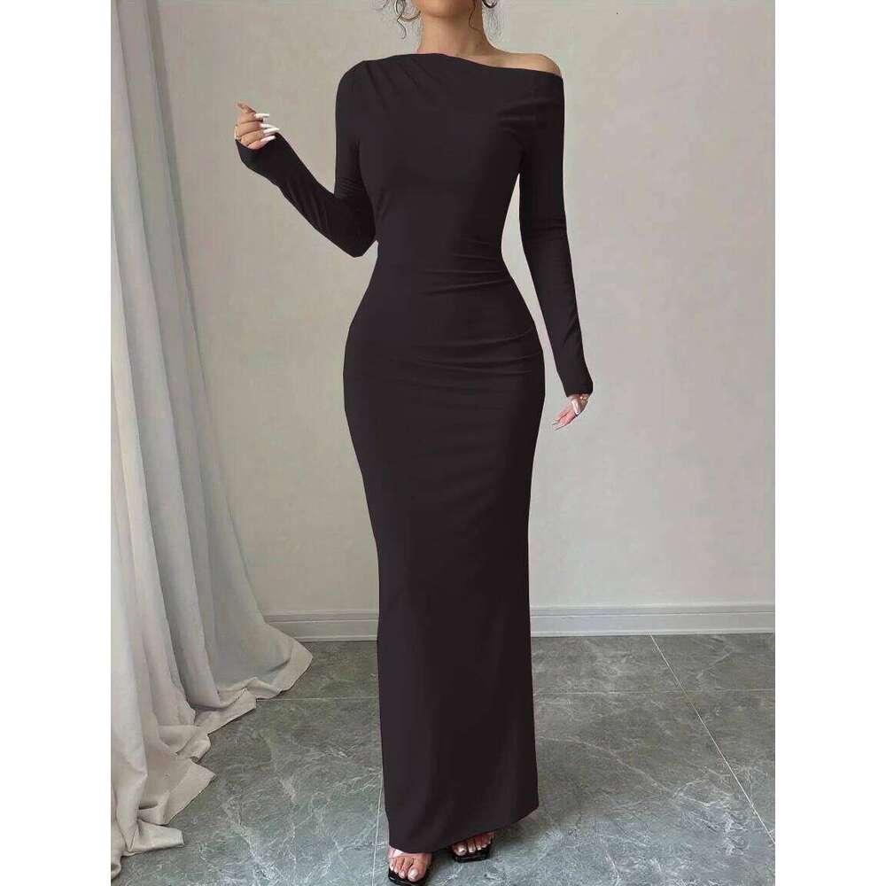 Europe and America 2025 autumn new personality solid color trend temperament high waist long sleeve slim fit hip-hugging dress C260311