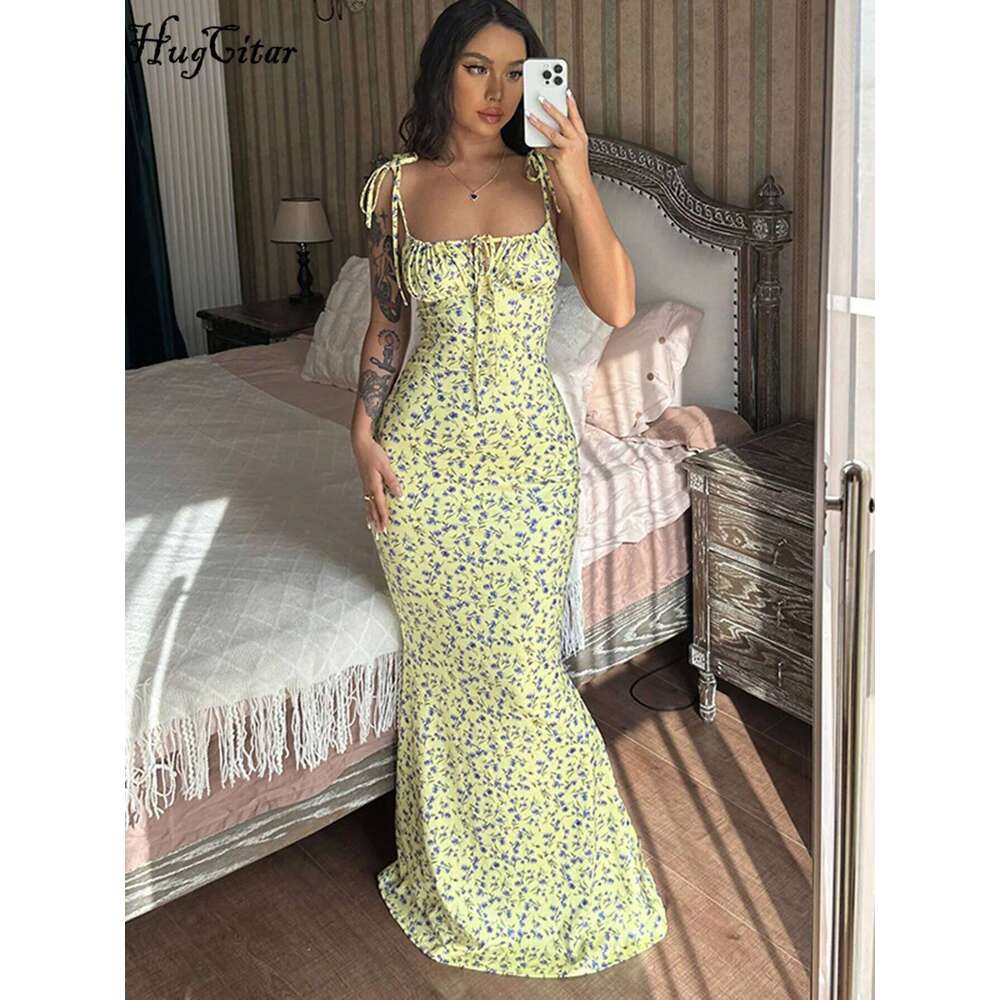 Hugcitar Women Elegant Floral Beach Vacation Bodycon Streetwear Long Dress 2023 Summer Clothes Items For Business C260312