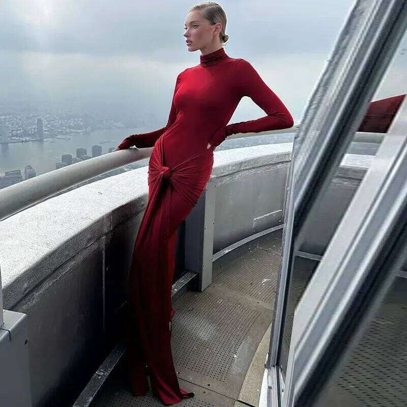 Hawthaw Women 2024 Spring Autumn Elegant Sleeve Party Club Streetwear Bodycon Red Long Dress Items For Business C260312