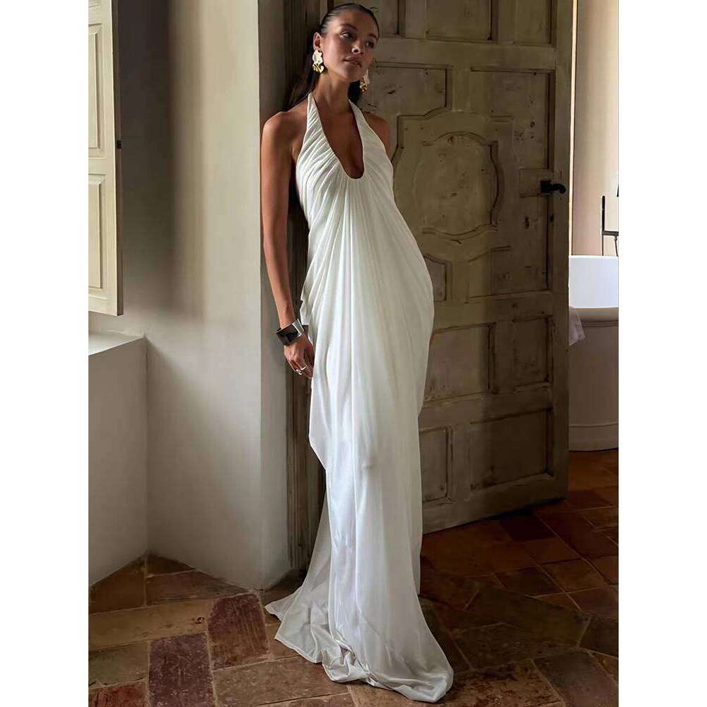Mozision Mesh Halter Backless Sexy Maxi Dress Women Gown Fashion Elegant V Neck Sleeveless Pleated Club Party Long Dresses C260311