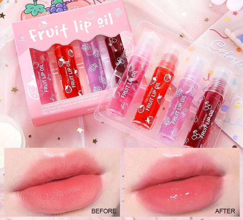 4pcs/1set Fruit Rollerball Lip Oil moisturizing lip balm liquid that prevents chapped lips It comes with a hydrating rollerbal W260311