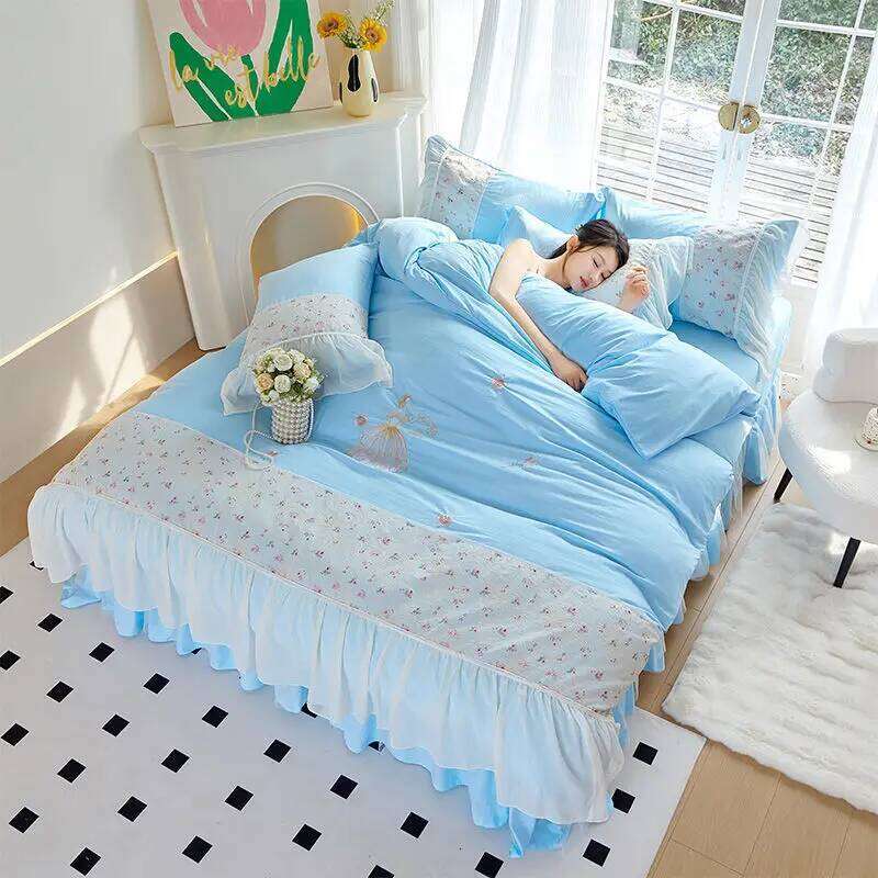 Washed Cotton Four-piece Korean Princess Ruffled Sheet Quilt Cover Set Skirt Ins Style Bed Three-piece H260312