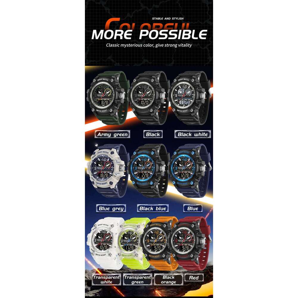 SANDA New 3367 Fashionable Electronic Sports Multifunctional Waterproof LED Dual Display Student Watch Alarm Clock