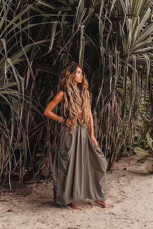 European American women's casual 2026 new model, bohemian loose-fitting organic cotton long skirt with drawstring and large pockets