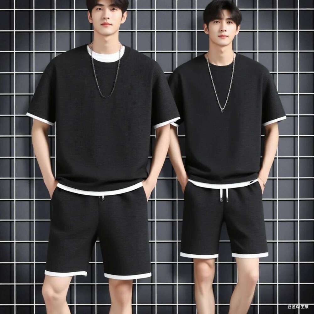 2026 new Summer Men's Waffle Sets Casual T-Shirt And Shorts Set Male Sports Suit Solid Color Tracksuit Loose Suits