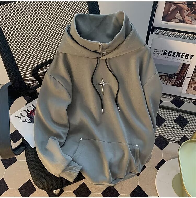 Stylish Designer Hoodie High-neck Solid Color Hooded Sweatshirt For Men And Women Trendy Loose-fitting Couple's Casual Shirt Retro Hooded Jacket