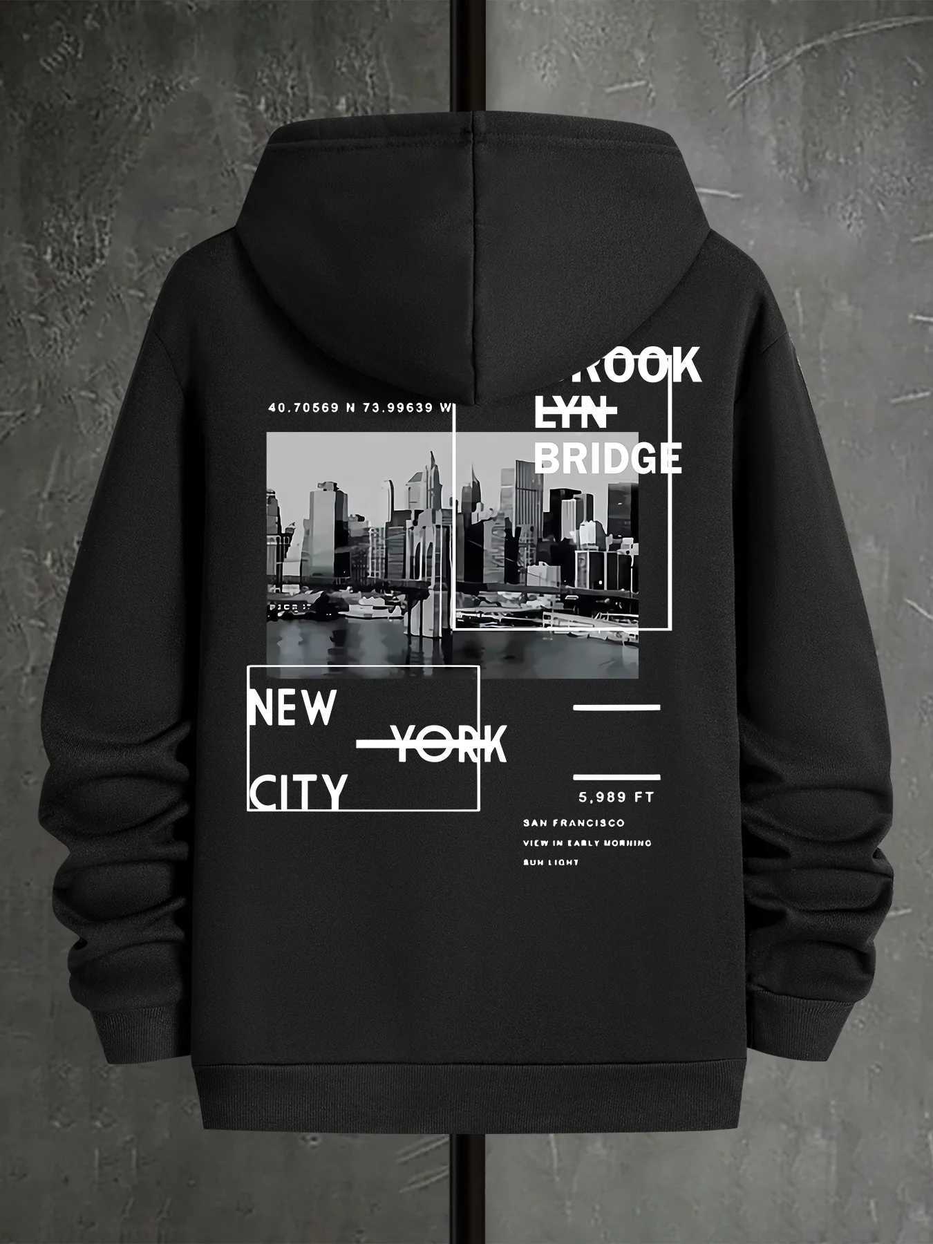 Mens autumn and winter casual fashion loose New York City pattern print long sleeved hooded sweatshirt warm sports pullover M260312