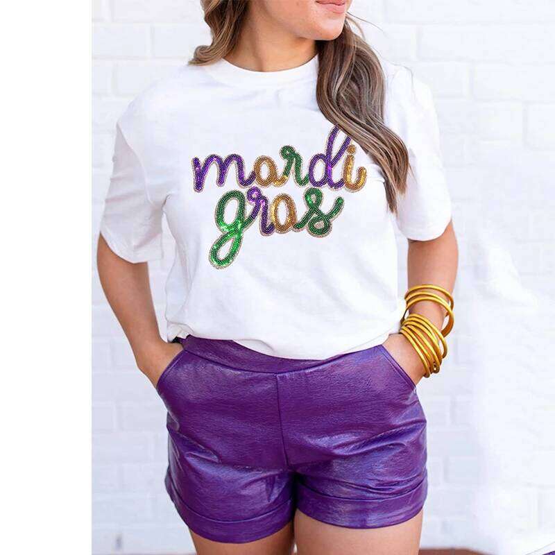 2026 Mardi Gras Sequin Letter T Shirt Holiday Graphic Tees Z260312