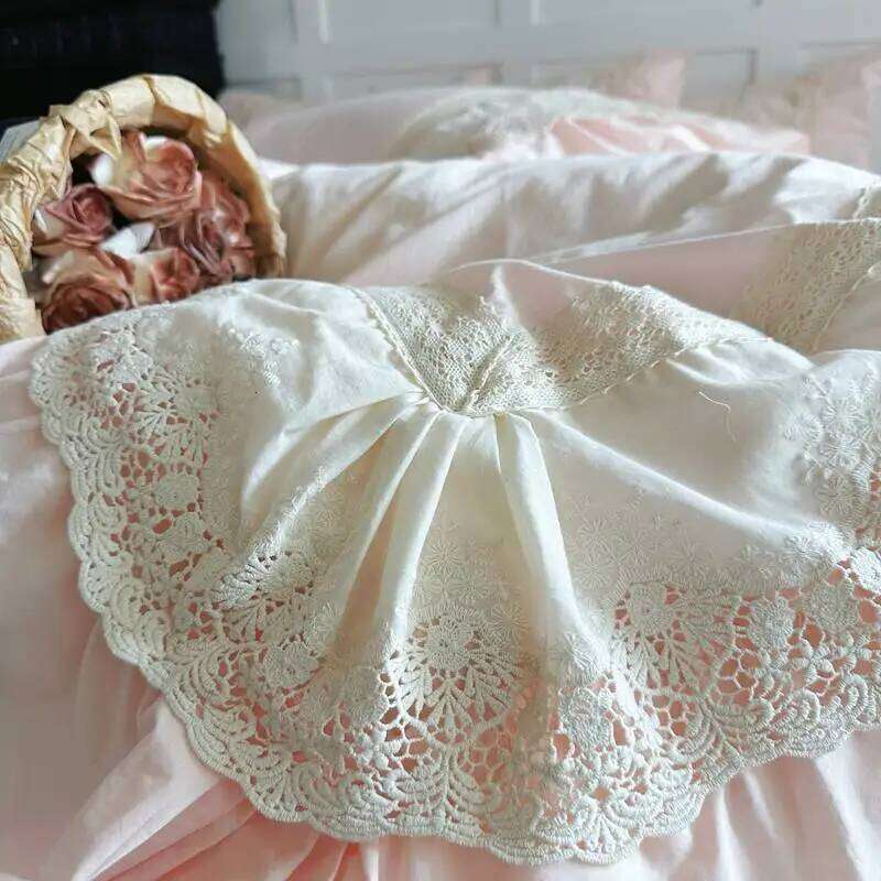 Pink Princess Wedding Lace Ruffles 100% Cotton Bedding Set Duvet Cover Bed Sheet/Bed Skirt/Fitted Sheet Pillowcases 4Pcs H260312