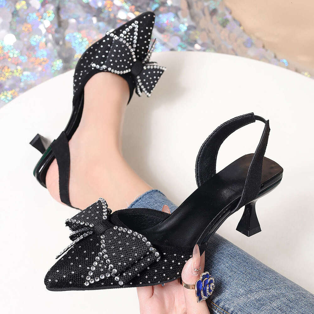 Petite Elegant Rhinestone Pointed Toe Bow High Heels Women Summer New Thin Heel Export Closed-Toe Sandals Size 43