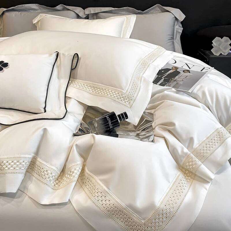 Egyptian Cotton Hollow Edge Bedding Set, White, Grey, Pink, Blue,1 Duvet Cover,2 Pillowcases,1 Flat Or Fitted Sheet H260312