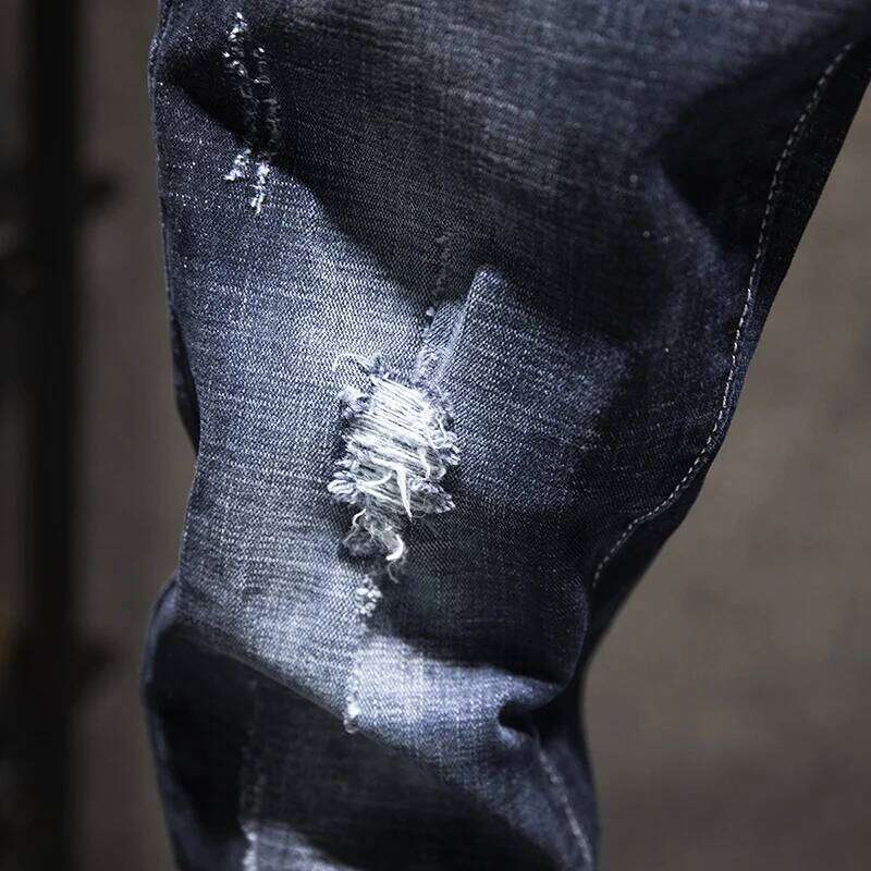 New Ripped Jeans Men Slim-fit Denim Pants Cotton Korean Style Fashion Elasticity Versatile Blue Black Men's Clothing 26Y0312