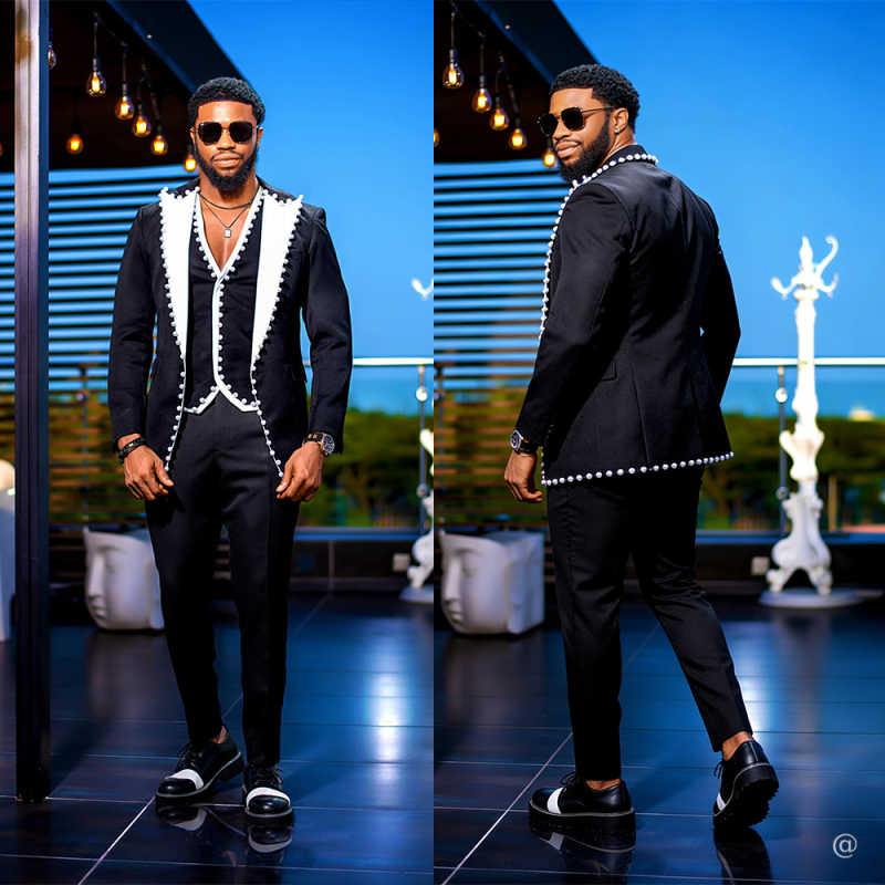 Classic Splicing Man Slim Fit Suits 3 Pieces Jacket Vest Pants Party Pearls Peak Lapel for Wedding Groom Tuxedo Customized