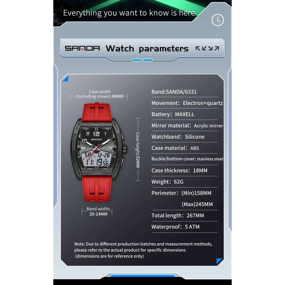 SANDA 6331 Dual Display Sports 5ATM Waterproof Luminous Multifunctional Electronic Quartz Watch Shock and Anti Drop