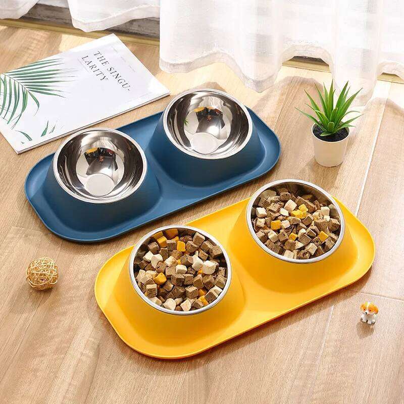 1pc Stainless Steel Double Dog Bowl Cat Food Container Non-slip Base Pet Water Feeder Tilt Safeguard Neck Puppy Cats Bowls 26Y0312
