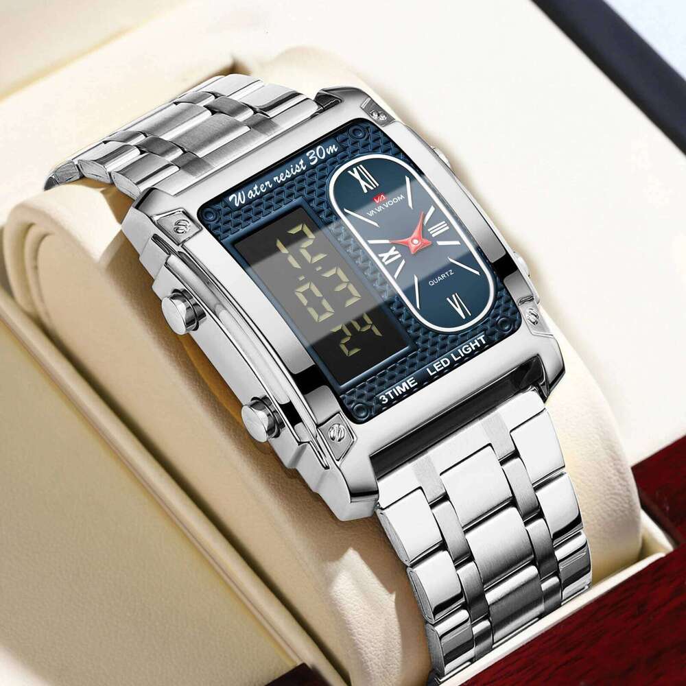 VA VOOM Men Electronic Watch Luxury Stainless Steel Gold LED Working Time Clock Alarm Function Sports Fashion Quartz Watches
