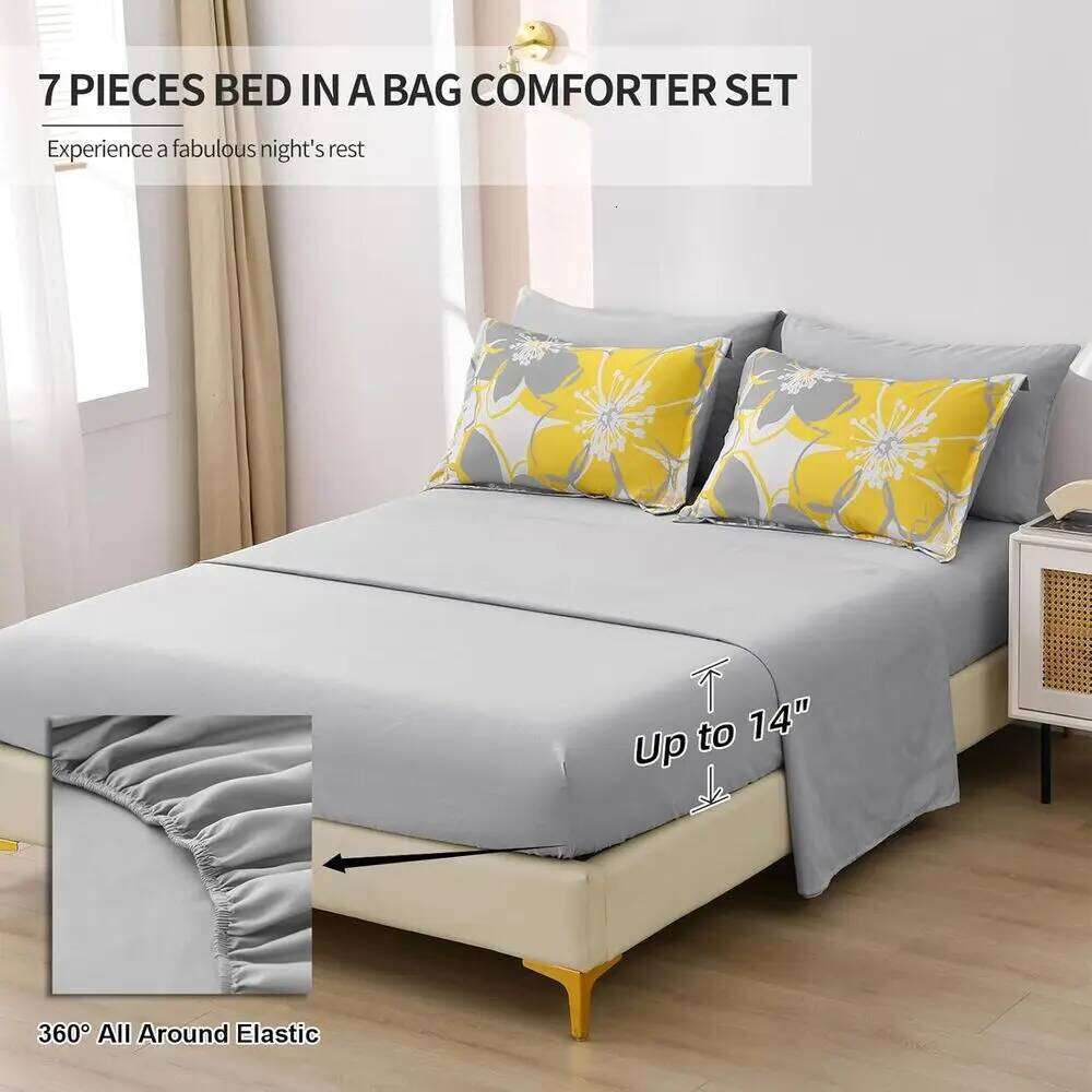Queen Size Yellow Floral Comforter Set, Reversible in a Bag with All Season Sheets, Soft Microfiber Flower Pattern Duvet Bed