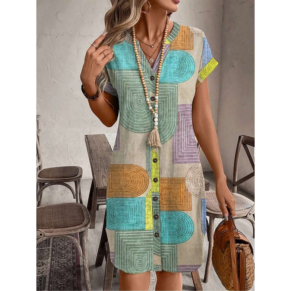 2025 European and American Amazon Summer Geometric Print Elegant V-Neck Buttoned Women's Short Sleeve Dress