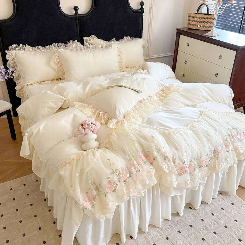 4Pcs Korean Princess Style Cotton 100% Bedding Duvet Cover 200x230 220x240 Four Seasons 2025 New Heart-Shaped Lace H260312