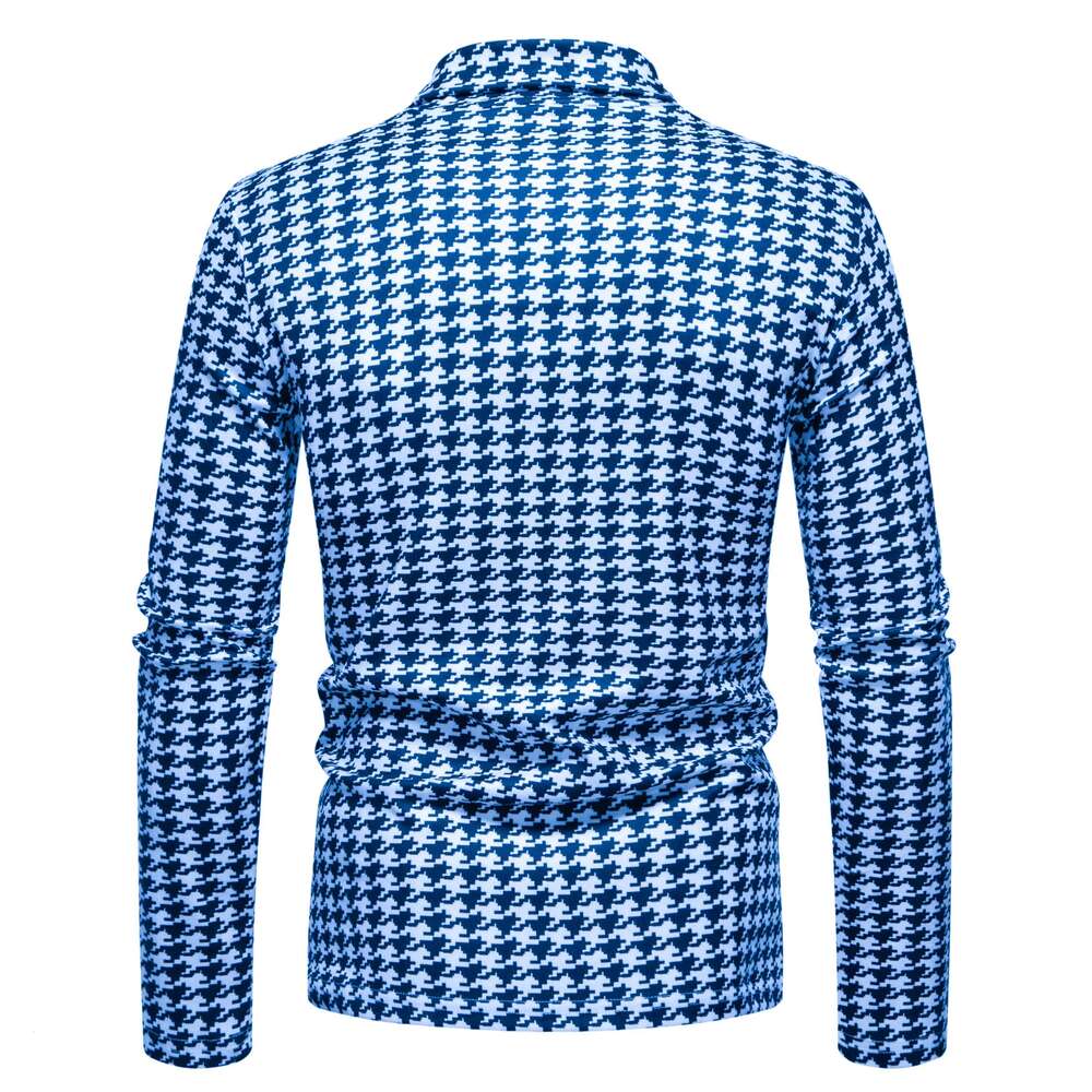 Spring and Autumn Turtleneck Houndstooth Fleece Pullover Fashion Casual High Elasticity All-match Men's Shirt