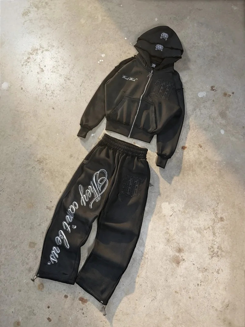 Y2K Letter Embroidery Loose Couple Sportswear Suit European and American High Street Trendy Zipper Hoodie Sweatpants Men 260311