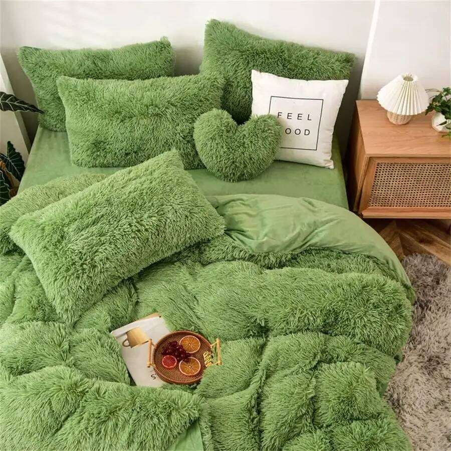 Duvet Full Size Green Ultra Soft Shaggy Fluffy Comforter Fuzzy Quilt Bedding Set 3Pcs 1Duvet Cover