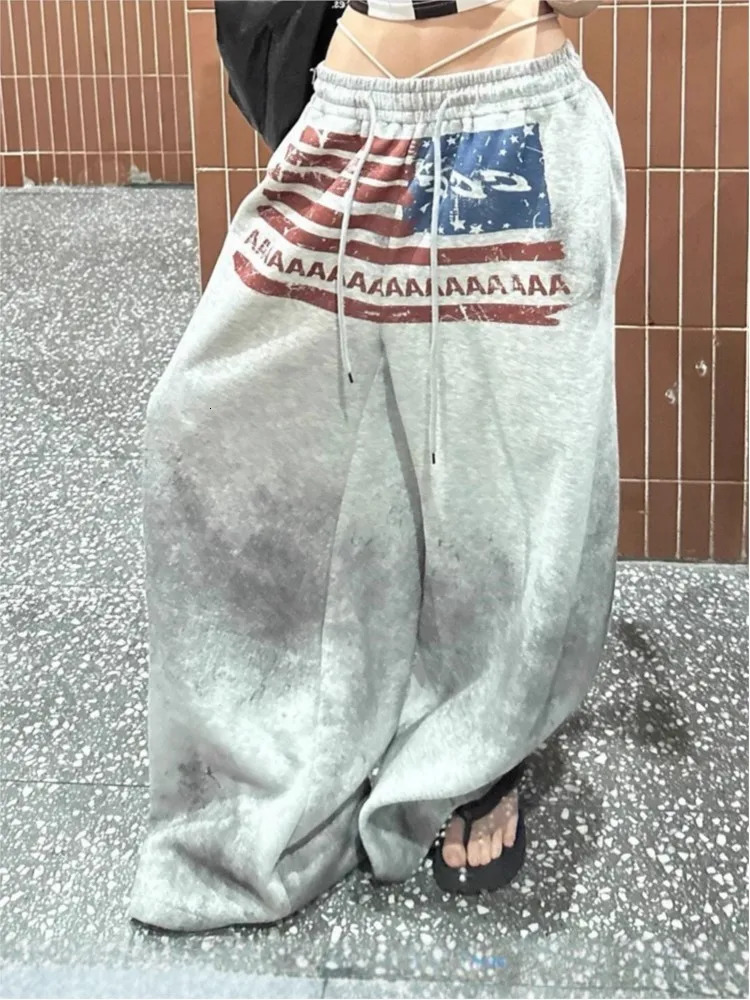 Y2K College American Hip-hop Goth Print Drawstring Wide Leg Sweatpants Loose 90s High Street Sports Trousers Floor Length Pants 260310