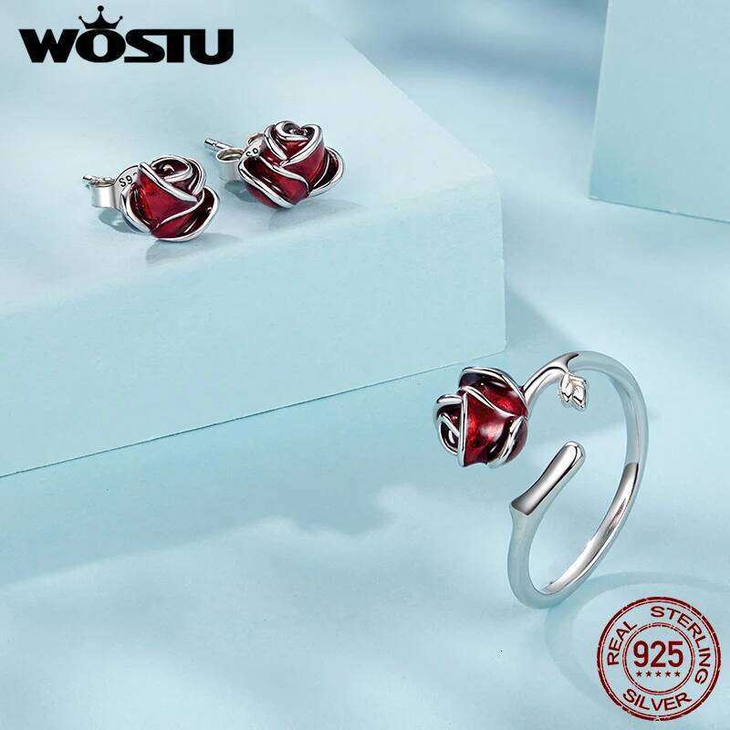 WOSTU Real 925 Sterling Silver Red Rose Opening Ring For Women Valentine Gift Flower Stud Earrings Fine Wedding Jewelry Set H260312