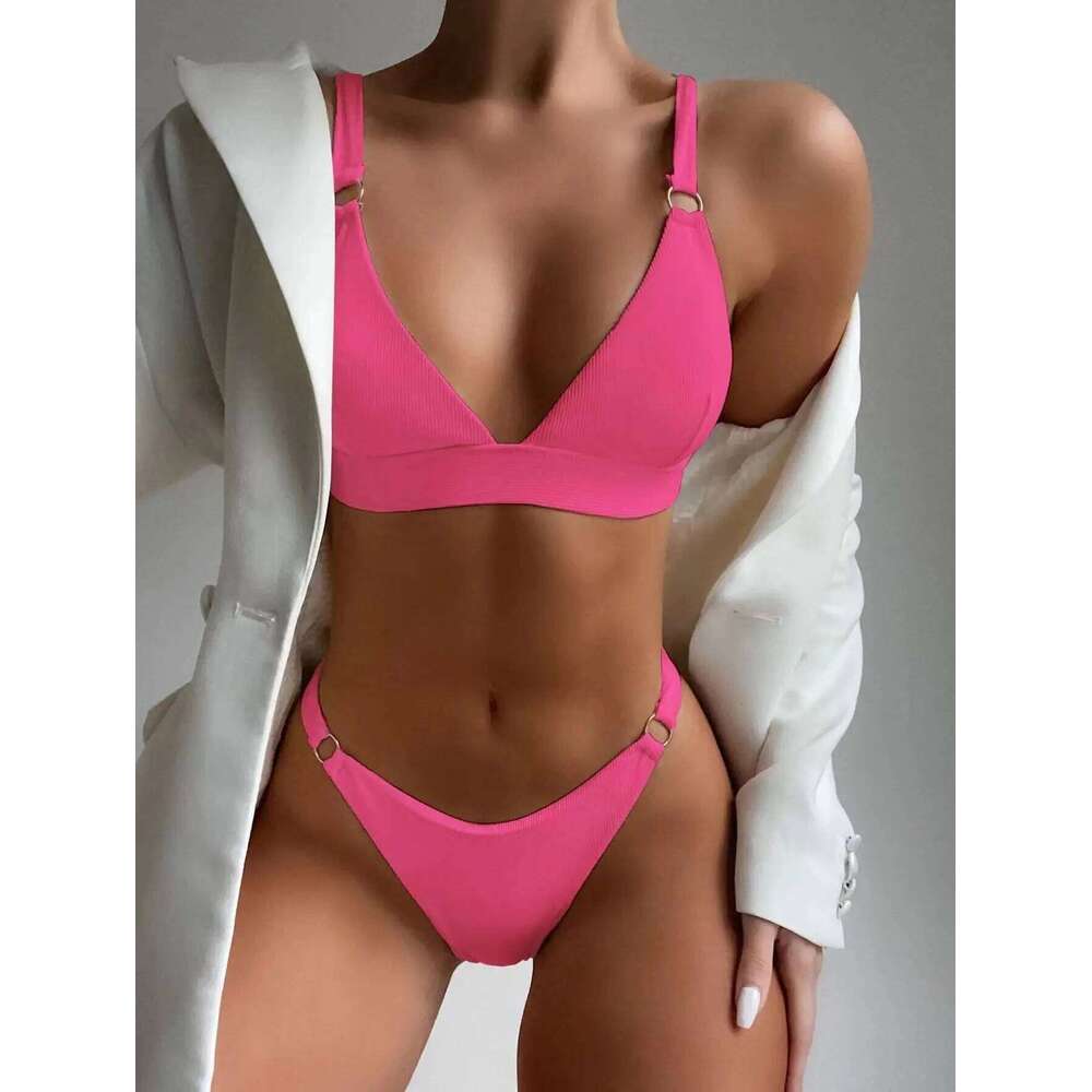 Sexy Ribbed Ring Bikinis Women 2024 New Swimsuit Push Up Swimwear Solid Bikini Set Summer Beach Brazil Biquini Swim Bathing Suit Y260303