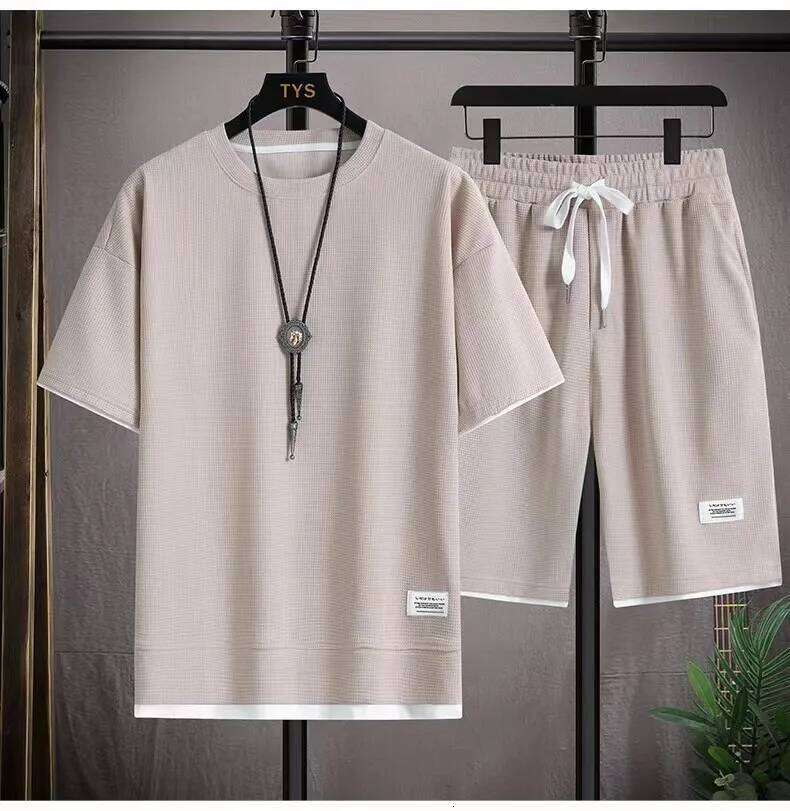 2026 new Summer Men's Waffle Sets Casual T-Shirt And Shorts Set Male Sports Suit Solid Color Tracksuit Loose Suits