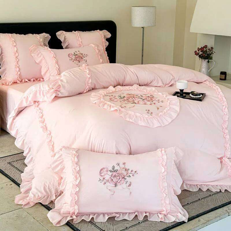 4Pcs Rose Flowers Embroidery Bedding Set Double King Queen Size Pink Girls Bedroom Duvet Cover Flat/Fitted Bed Sheet Pillowcases H260312